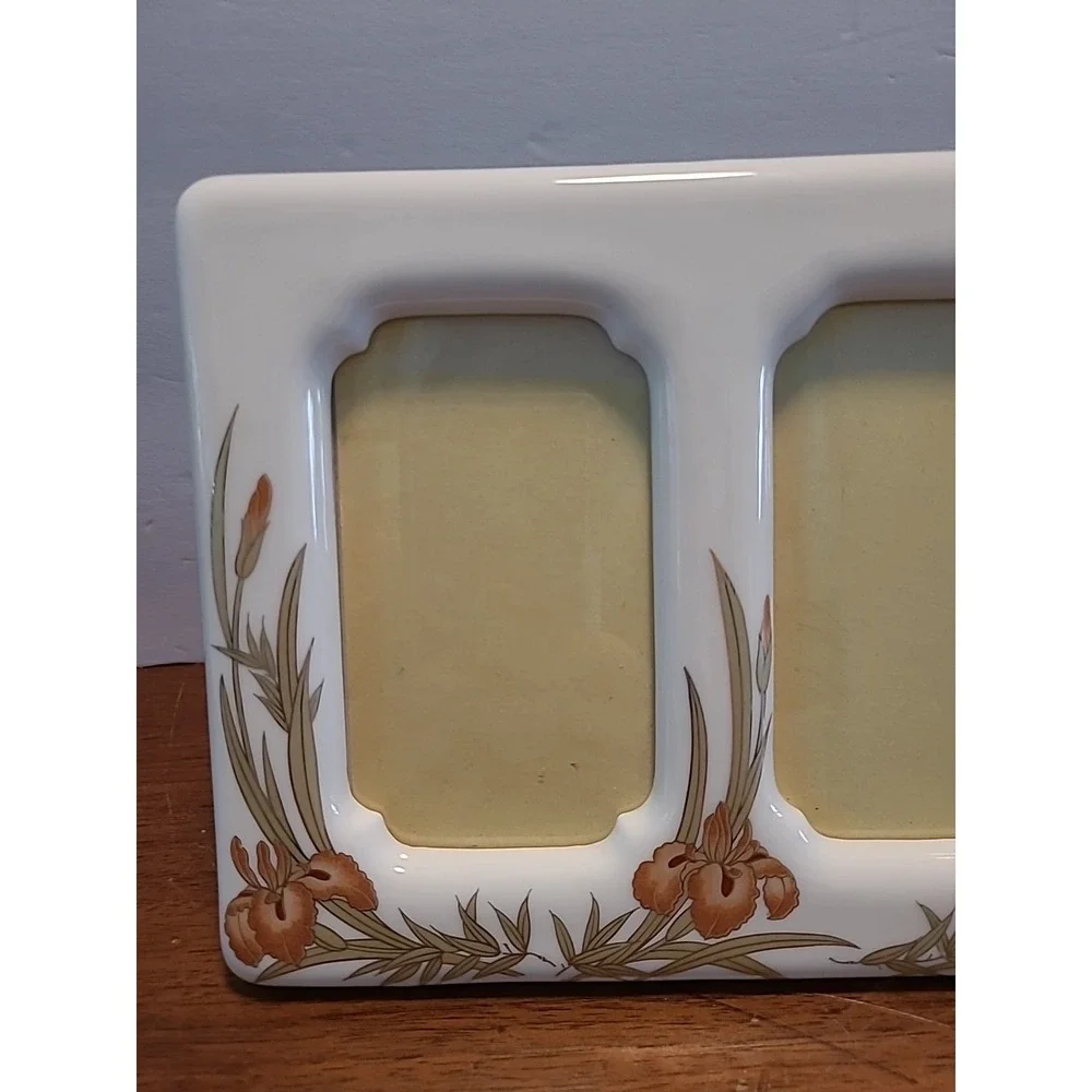 Vintage Hand Painted‎ White Ceramic 2 Pictures Copper Iris Flowers Japan